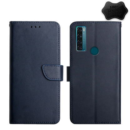 Blue genuine leather flip phone case, front strap, back vertical camera cutout