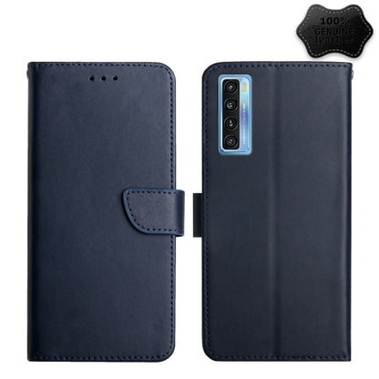 Blue genuine leather flip phone case, front strap, back single camera cutout