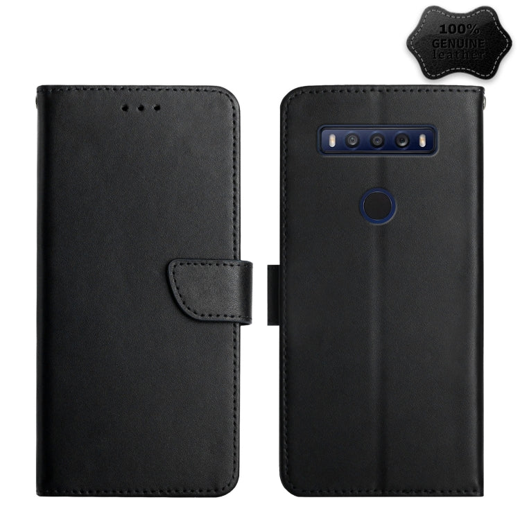 Black genuine leather flip phone case, front strap, back camera bar cutout
