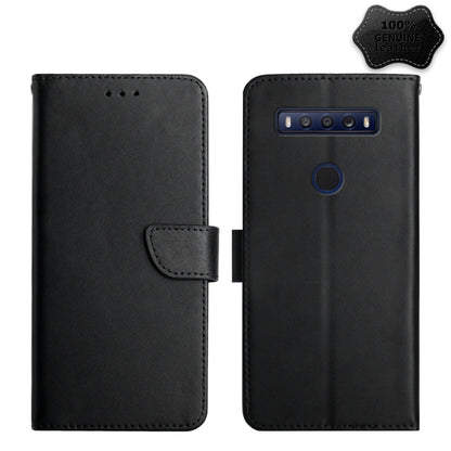 Black genuine leather flip phone case, front strap, back camera bar cutout