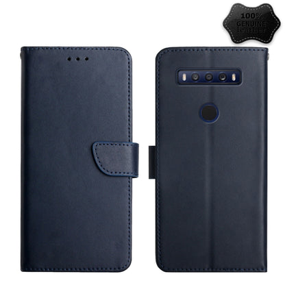 Blue genuine leather flip phone case, front strap, back camera bar cutout