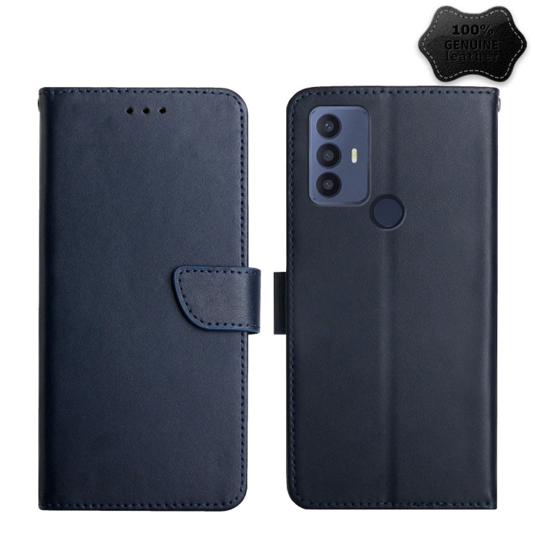 Blue genuine leather flip phone case, front strap, back dual camera cutout