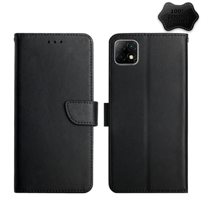 Black genuine leather flip phone case with front flap and side button cutout