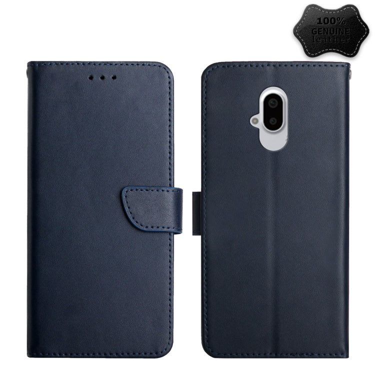Blue leather flip phone case with front flap and rounded camera opening