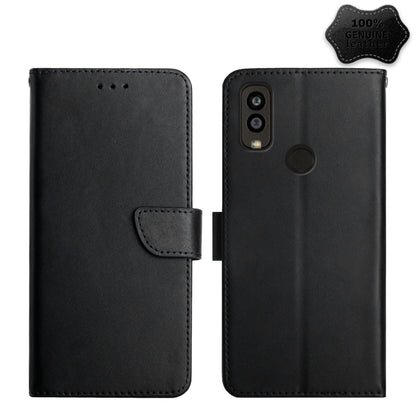 Genuine leather flip phone case, black, with magnetic clasp and cutout for rear camera.