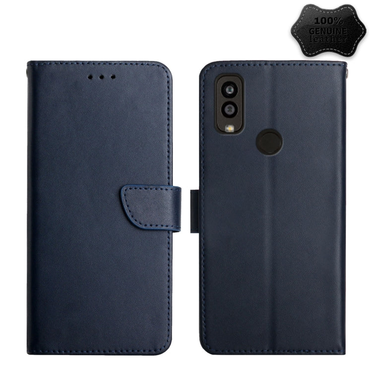 Genuine leather flip phone case, blue, with magnetic clasp and cutout for rear camera.