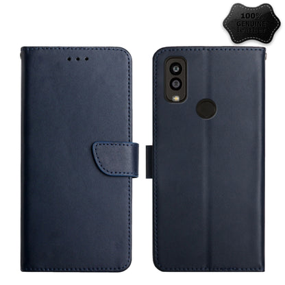 Genuine leather flip phone case, blue, with magnetic clasp and cutout for rear camera.