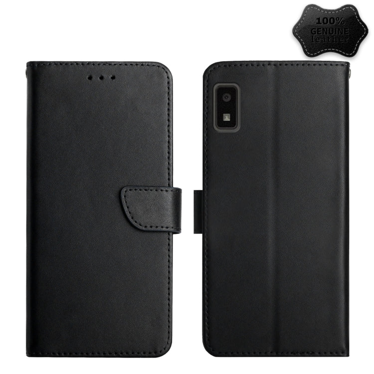 Genuine leather flip phone case, black, with stand-like flap strap and rear camera cutout.