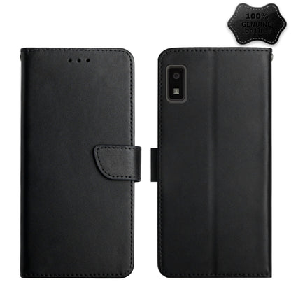 Genuine leather flip phone case, black, with stand-like flap strap and rear camera cutout.