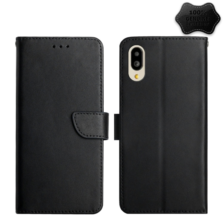 Genuine leather flip phone case, black, with snap strap and triple-camera back opening.
