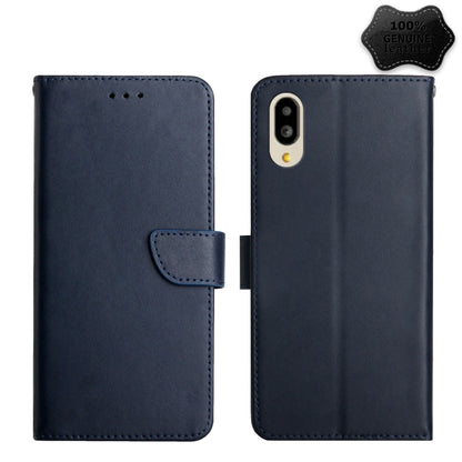 Genuine leather flip phone case, blue, with snap strap and triple-camera back opening.
