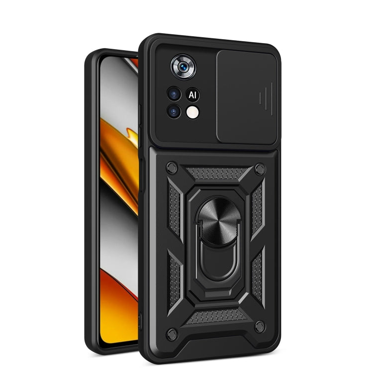 Black TPU+PC phone case with sliding camera cover and rugged ring holder