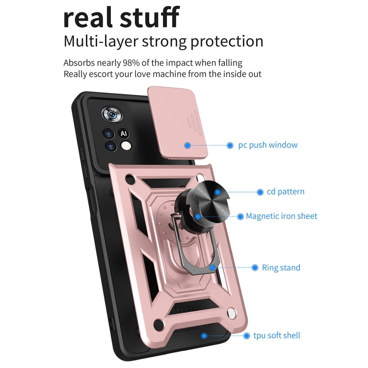 Black phone case with sliding camera cover and ring stand holder, shown layered