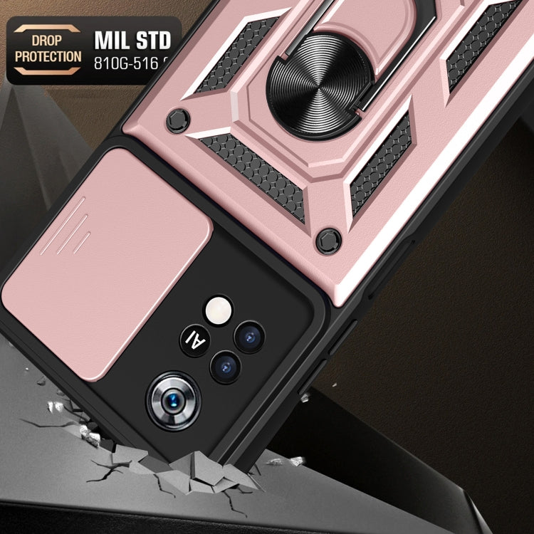 Rugged pink and black phone case with ring stand and sliding camera cover