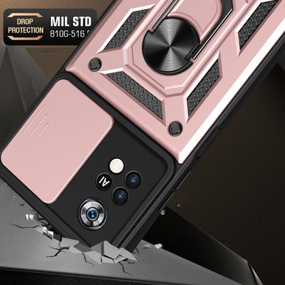 Rugged pink and black phone case with ring stand and sliding camera cover
