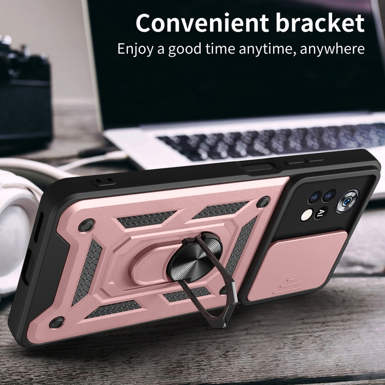 Pink and black phone case with ring stand bracket and sliding camera cover