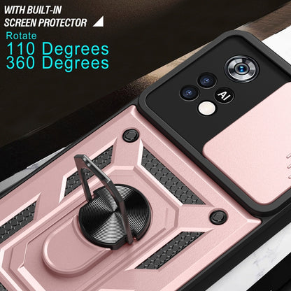 Black and pink rugged phone case with ring stand for 360-degree viewing