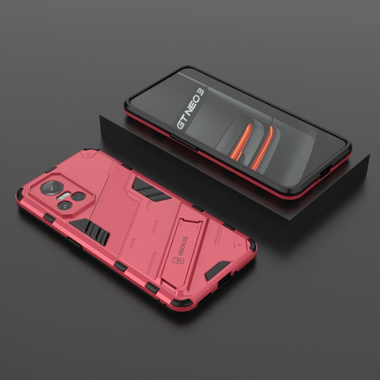 Light red rugged phone case with kickstand, shown with phone back and screen