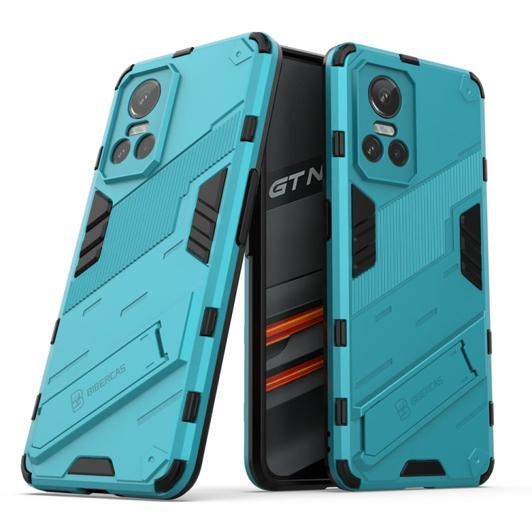 Blue rugged phone case with textured armor panel and camera cutouts
