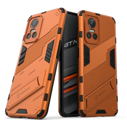 Orange rugged phone case with textured armor design and camera openings
