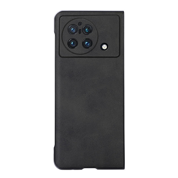 Two-tone PU phone case for foldable phone, black calf texture back with camera cutouts