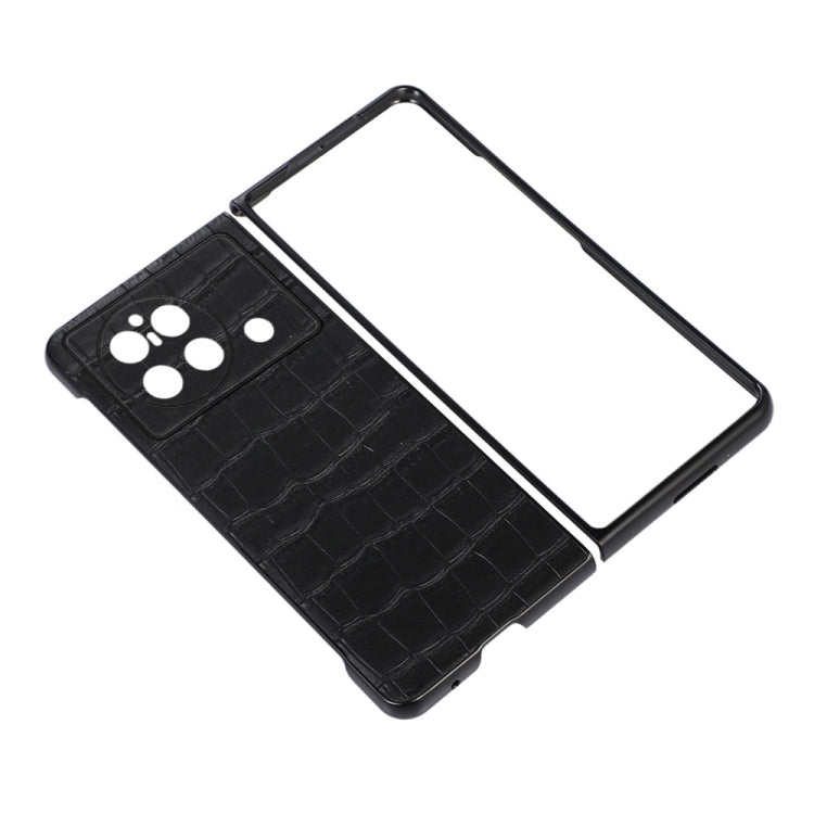 Genuine leather phone case for vivo X Fold, black croc texture with open front and cutouts