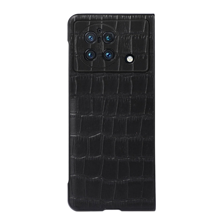 Genuine leather phone case for vivo X Fold, black croc-embossed back with camera openings