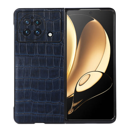 Genuine leather phone case for vivo X Fold in blue croc texture, camera cutouts