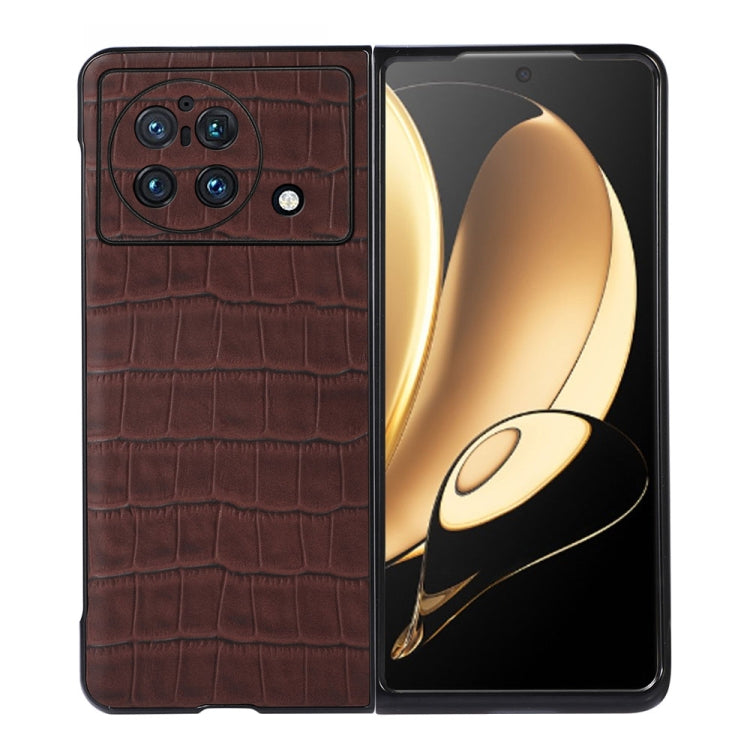Genuine leather phone case for vivo X Fold in brown croc texture, camera cutouts