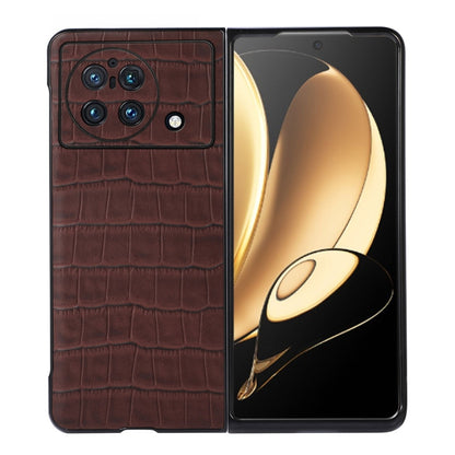 Genuine leather phone case for vivo X Fold in brown croc texture, camera cutouts