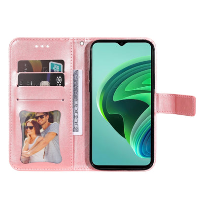 Rose pink leather wallet phone case with embossed floral pattern, card slots, and stand flap