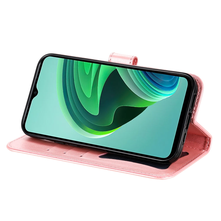 Rose pink leather wallet phone case with embossed floral pattern, folded for portrait viewing