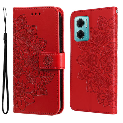 Red leather wallet phone case with embossed seven-petal floral pattern and wrist strap