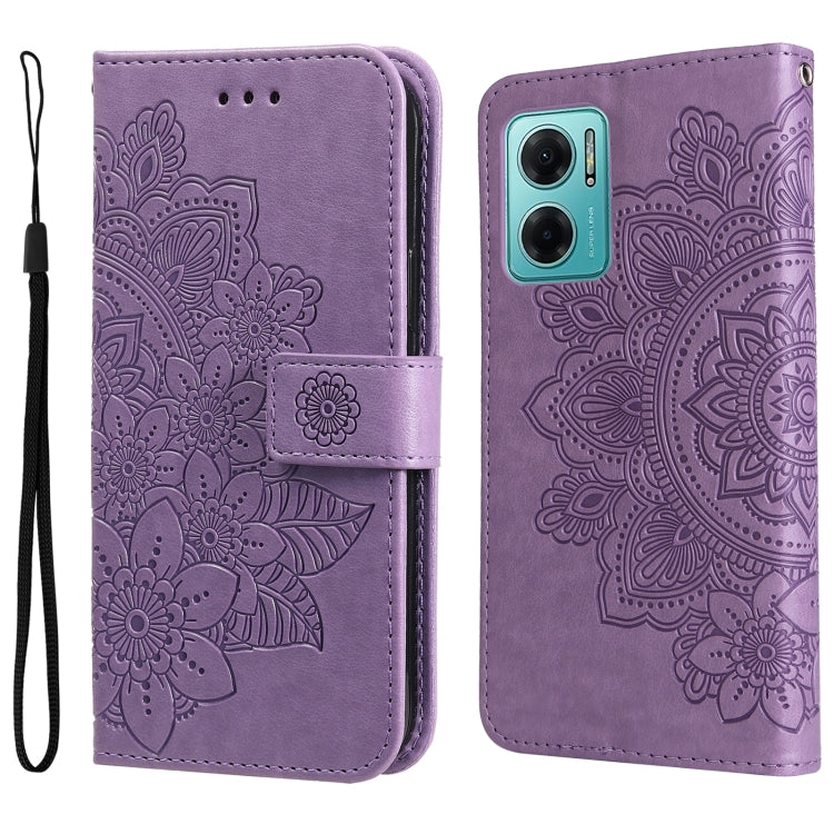 Purple embossed floral flip leather wallet phone case with magnetic strap.