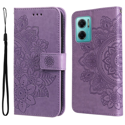 Purple embossed floral flip leather wallet phone case with magnetic strap.