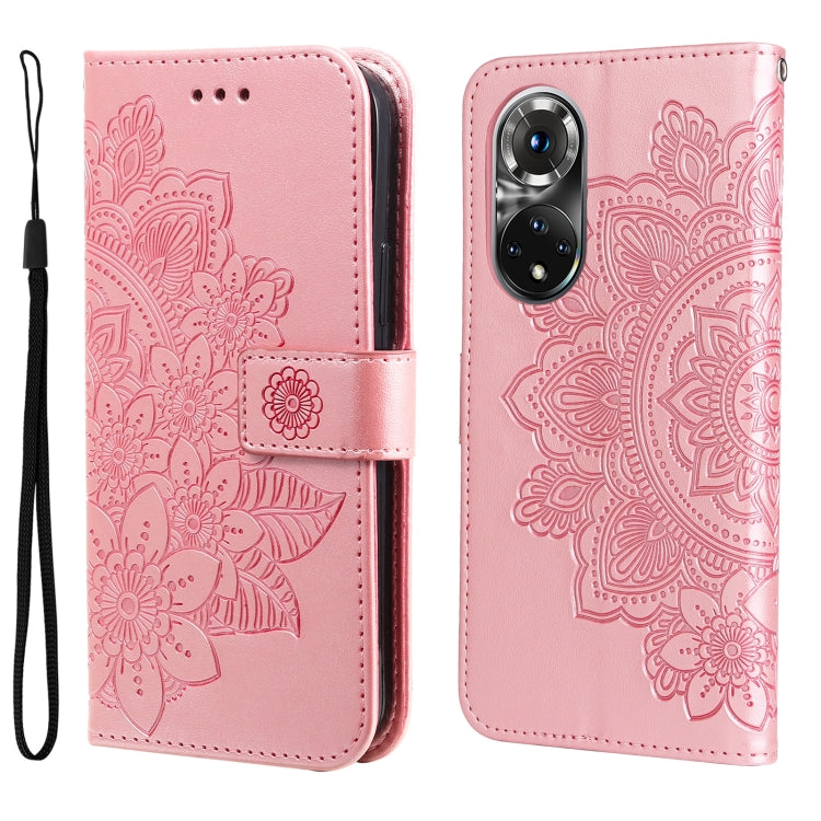 Rose pink embossed floral flip leather wallet phone case with wrist strap.