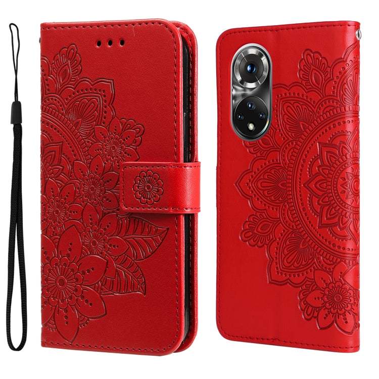 Red embossed floral flip leather wallet phone case with magnetic strap.