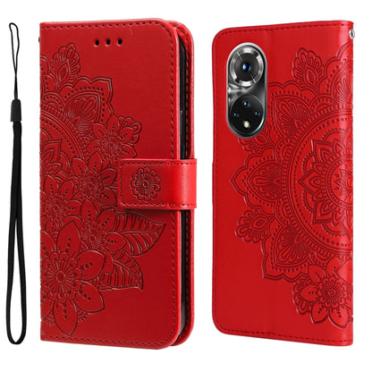 Red embossed floral flip leather wallet phone case with magnetic strap.