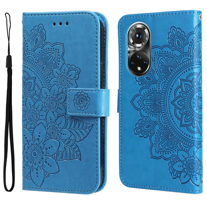 Blue embossed floral flip leather wallet phone case with magnetic strap.