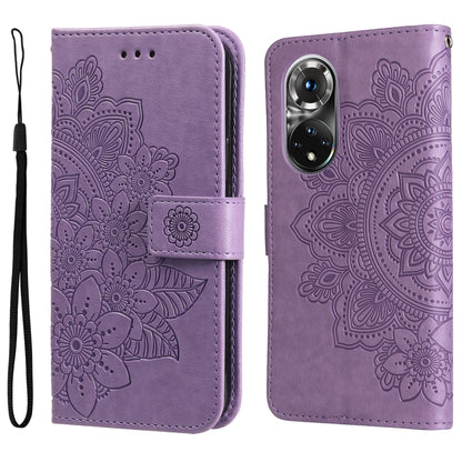 Purple embossed floral flip leather wallet phone case with cutout for camera.