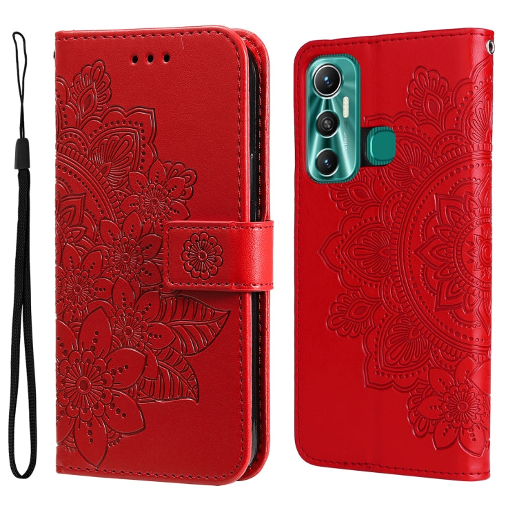 Red embossed floral flip leather wallet phone case with camera cutout.