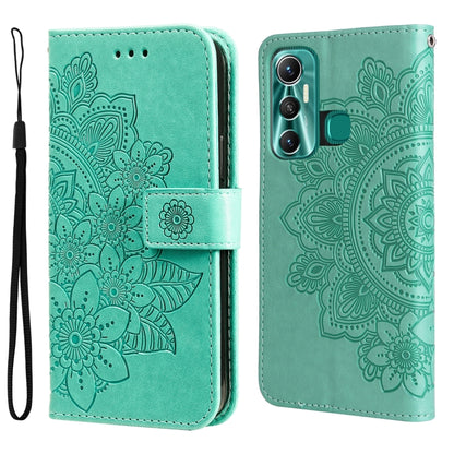 Light teal embossed floral flip leather wallet phone case with camera cutout.