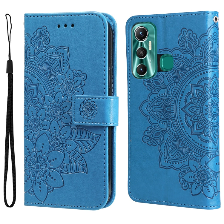 Blue embossed floral flip leather wallet phone case with camera cutout.