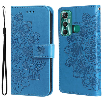 Blue embossed floral flip leather wallet phone case with camera cutout.