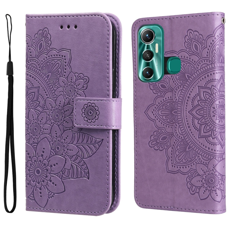 Lavender folio phone case with embossed floral mandala pattern, magnetic strap, wrist lanyard.