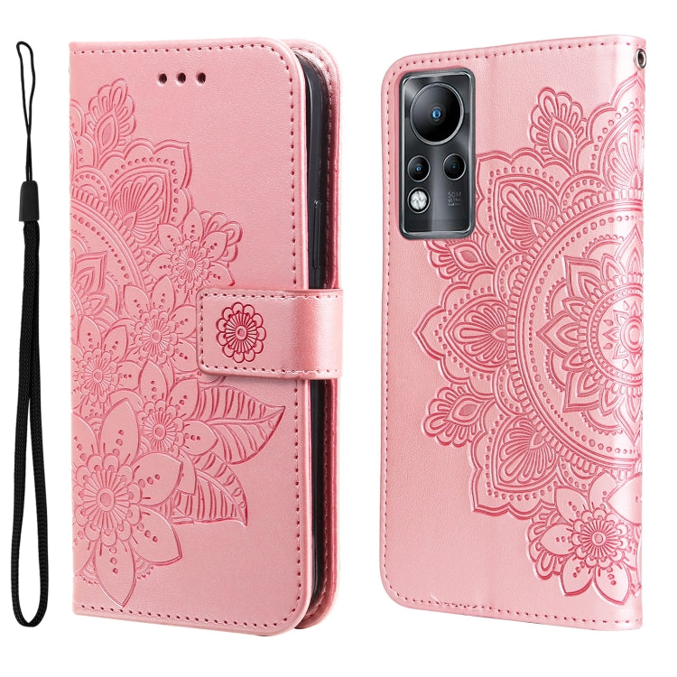 Rose pink folio phone case with embossed floral mandala pattern, magnetic strap, wrist lanyard.