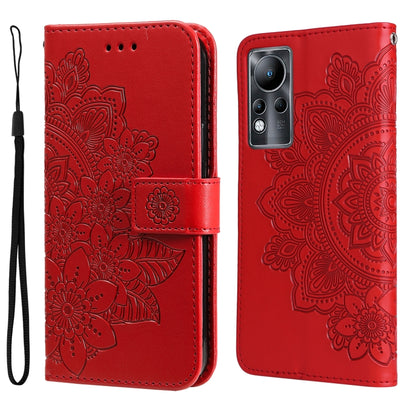 Red folio phone case with embossed floral mandala pattern, magnetic strap, wrist lanyard.