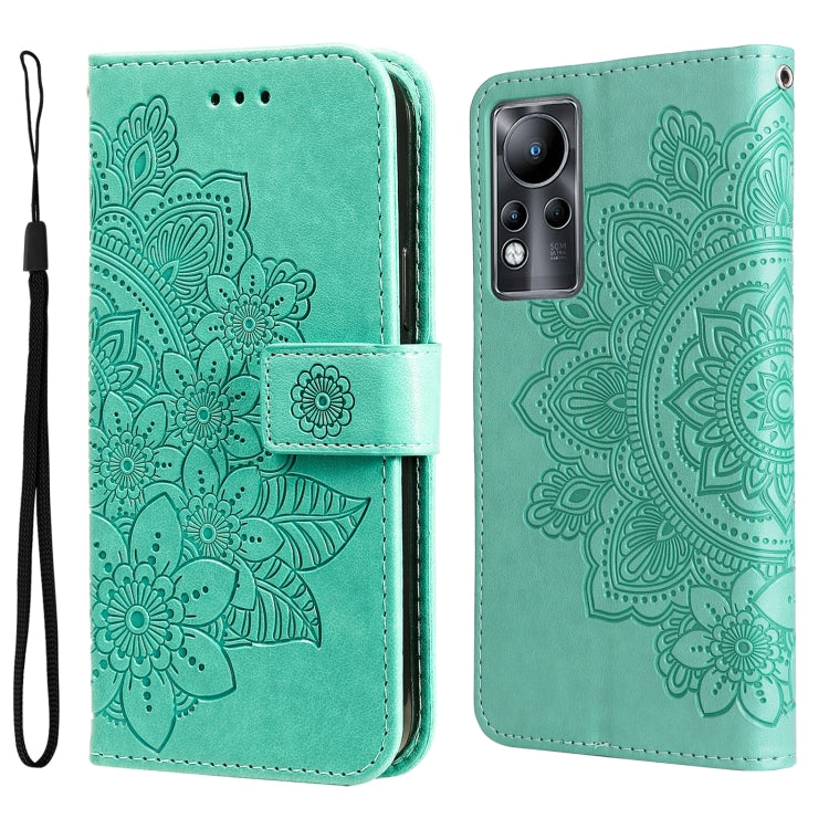 Mint green folio phone case with embossed floral mandala pattern, magnetic strap, wrist lanyard.