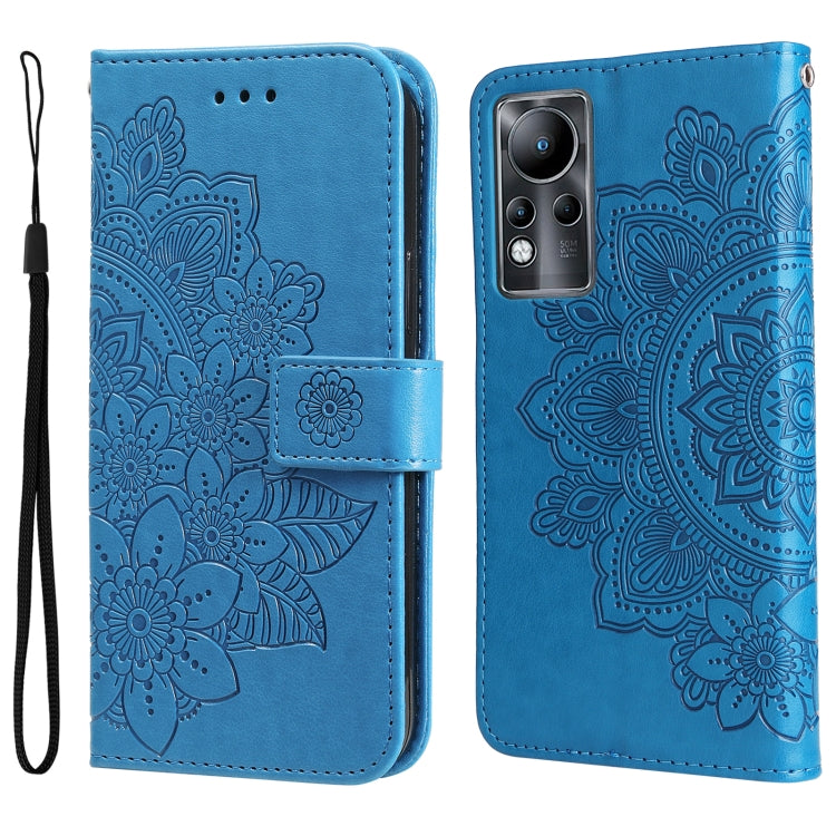 Blue folio phone case with embossed floral mandala pattern, magnetic strap, wrist lanyard.