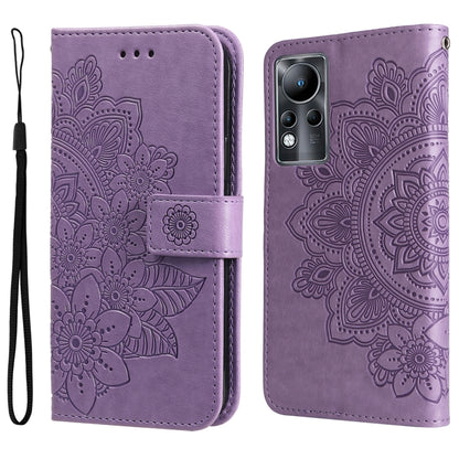 Lavender folio phone case with embossed floral mandala pattern, magnetic strap, wrist lanyard.